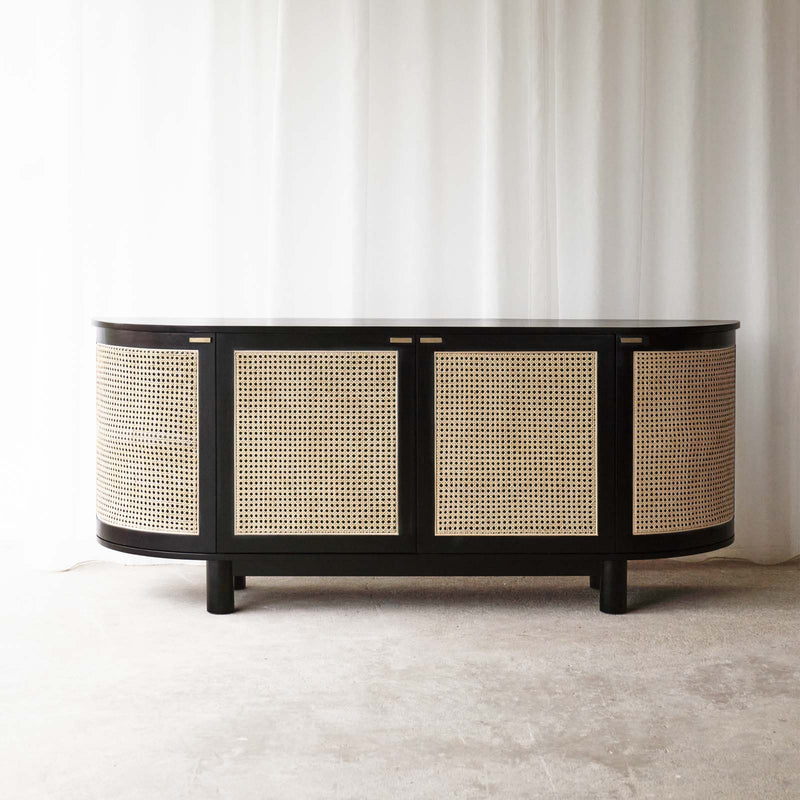 Naumi teak rattan sideboard black with rattan inlay crafted with sustainably sourced teak and fixed shelves - $3280