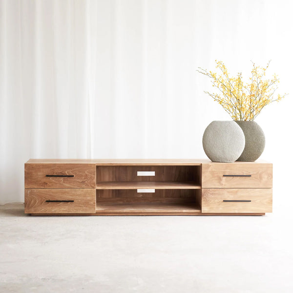 Tarita quinn teak TV console 4 drawers, crafted from sustainably sourced teak with fixed shelves and soft closing blum drawers - $2680