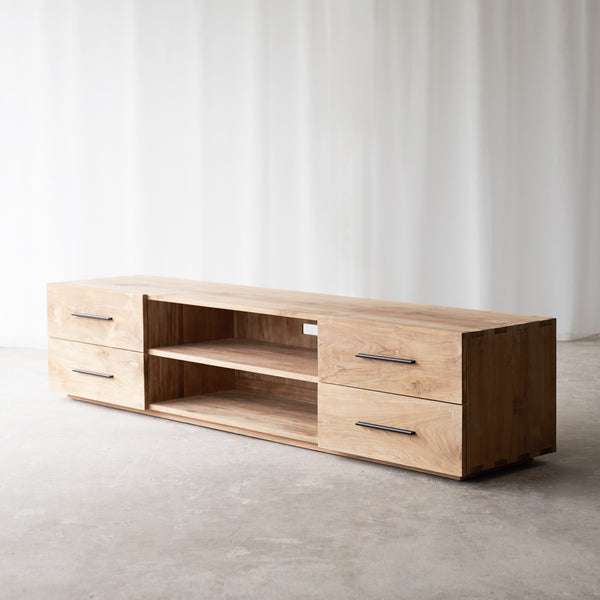 Tarita quinn teak TV console 4 drawers, crafted from sustainably sourced teak with fixed shelves and soft closing blum drawers - $2680