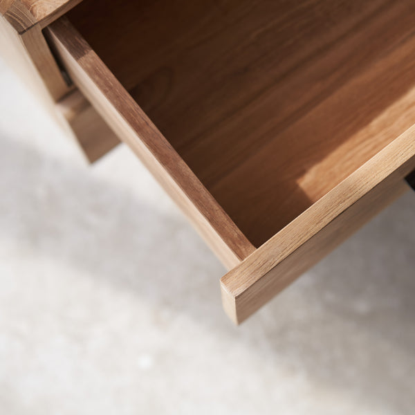 Tarita quinn teak TV console 4 drawers, crafted from sustainably sourced teak with fixed shelves and soft closing blum drawers - $2680