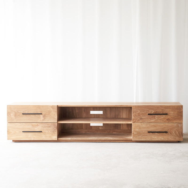 Tarita quinn teak TV console 4 drawers, crafted from sustainably sourced teak with fixed shelves and soft closing blum drawers - $2680