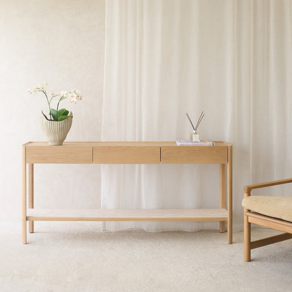 Nell Console | Travertine with Blonde Oak Frame