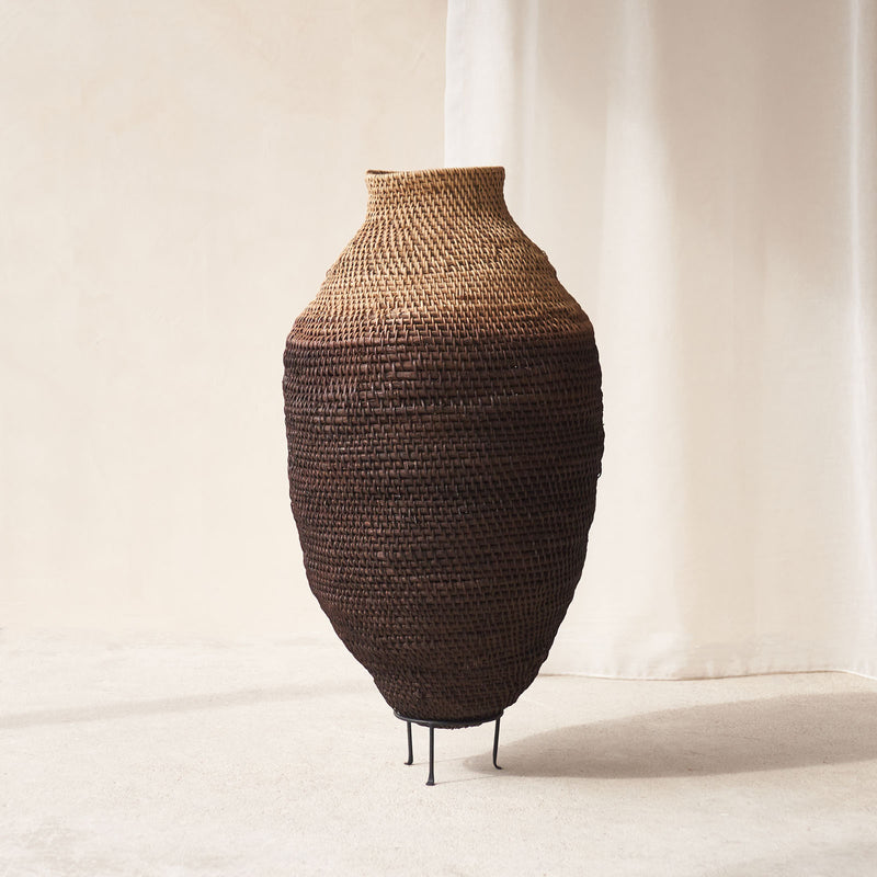 Buhera Basket, Unique home accessory from Africa. Hand crafted from natural fibers. Distinctive appreance in hand-dyed a chocolate/yellow/grey/indigo colour. From $80