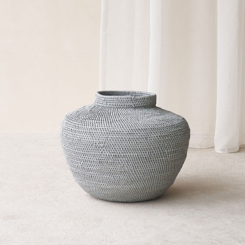 Buhera Basket, Unique home accessory from Africa. Hand crafted from natural fibers. Distinctive appreance in hand-dyed a chocolate/yellow/grey/indigo colour. From $80