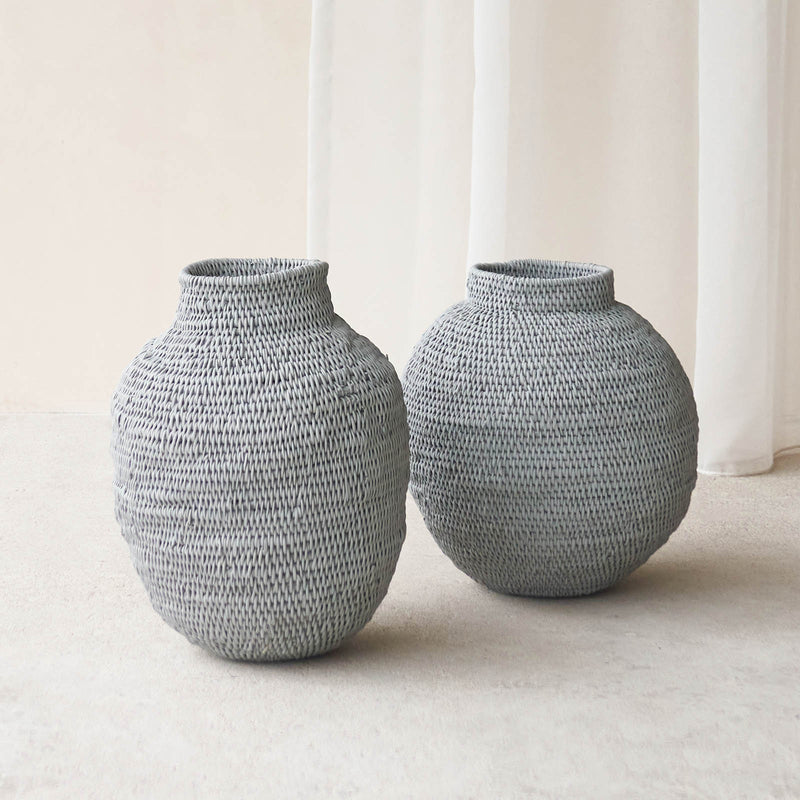 Buhera Basket, Unique home accessory from Africa. Hand crafted from natural fibers. Distinctive appreance in hand-dyed a chocolate/yellow/grey/indigo colour. From $80