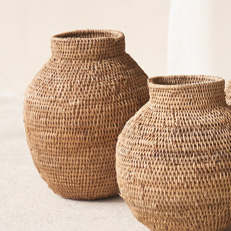 Buhera Basket, Unique home accessory from Africa. Hand crafted from natural fibers. Distinctive appreance in hand-dyed a chocolate/yellow/grey/indigo colour. From $80