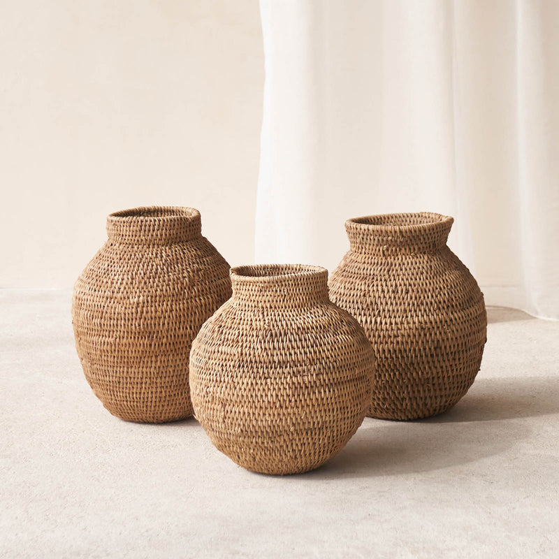 Buhera Basket, Unique home accessory from Africa. Hand crafted from natural fibers. Distinctive appreance in hand-dyed a chocolate/yellow/grey/indigo colour. From $80