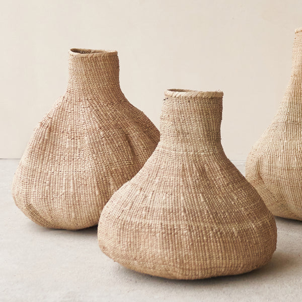 Gourd Basket, Unique home accessory from Africa. Hand-woven into organic statement shapes. Variations exist in weaves, colours, and shapes. From $150
