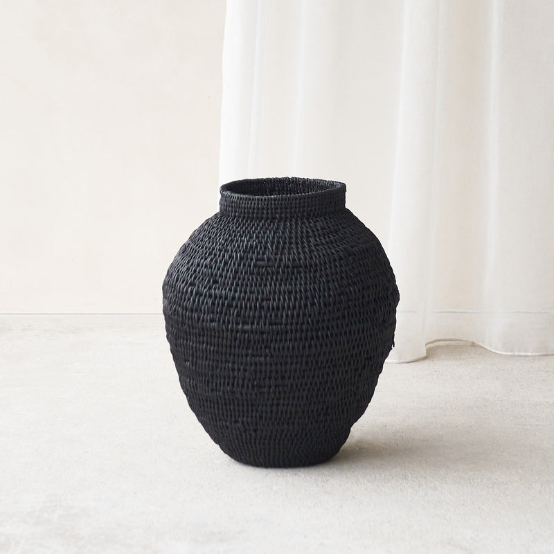 Buhera Basket, Unique home accessory from Africa. Hand crafted from natural fibers. Distinctive appreance in hand-dyed a chocolate/yellow/grey/indigo colour. From $80