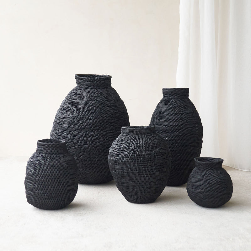 Buhera Basket, Unique home accessory from Africa. Hand crafted from natural fibers. Distinctive appreance in hand-dyed a chocolate/yellow/grey/indigo colour. From $80