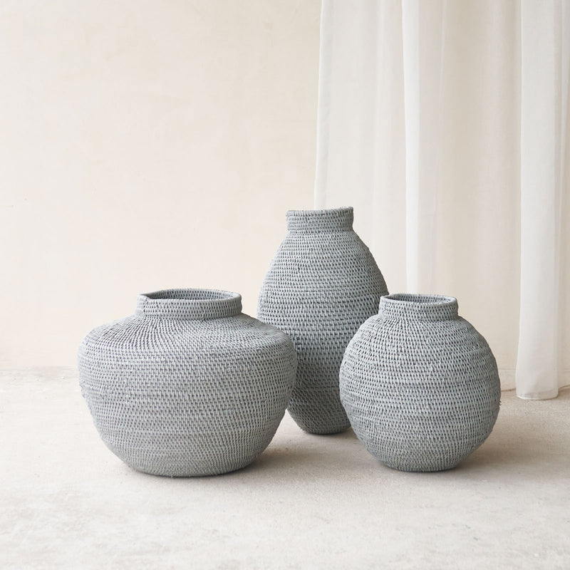 Buhera Basket, Unique home accessory from Africa. Hand crafted from natural fibers. Distinctive appreance in hand-dyed a chocolate/yellow/grey/indigo colour. From $80