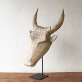 Carved Headdress, Unique wooden bull head home accessory from Africa. Solid Dogwood, local African hardwood. Handcarved, one-of-a-kind touch for any home. From $580