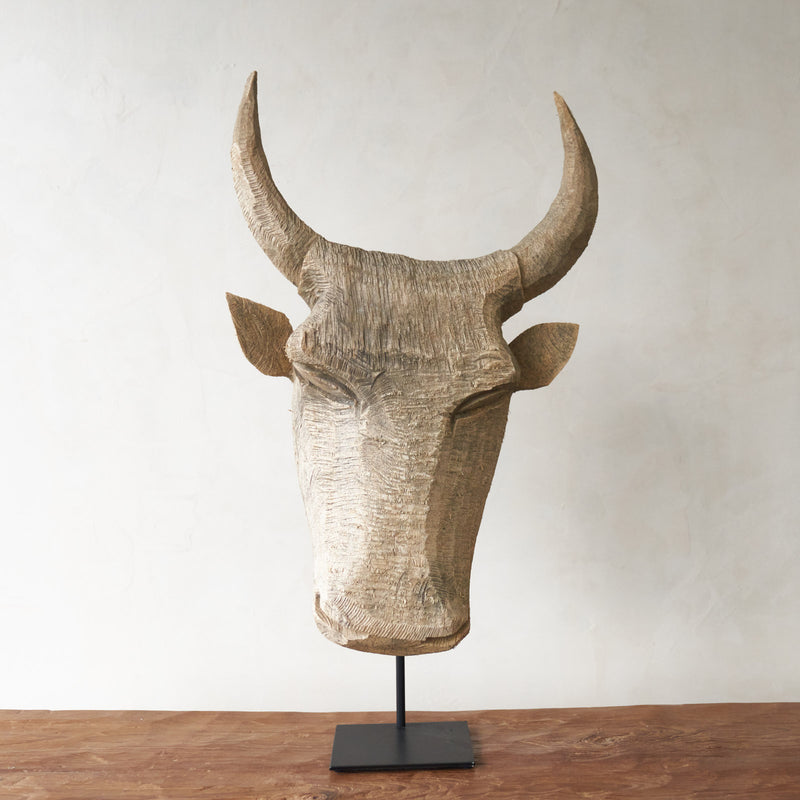 Carved Headdress, Unique wooden bull head home accessory from Africa. Solid Dogwood, local African hardwood. Handcarved, one-of-a-kind touch for any home. From $580