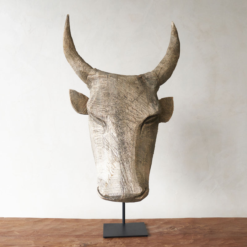 Carved Headdress, Unique wooden bull head home accessory from Africa. Solid Dogwood, local African hardwood. Handcarved, one-of-a-kind touch for any home. From $580