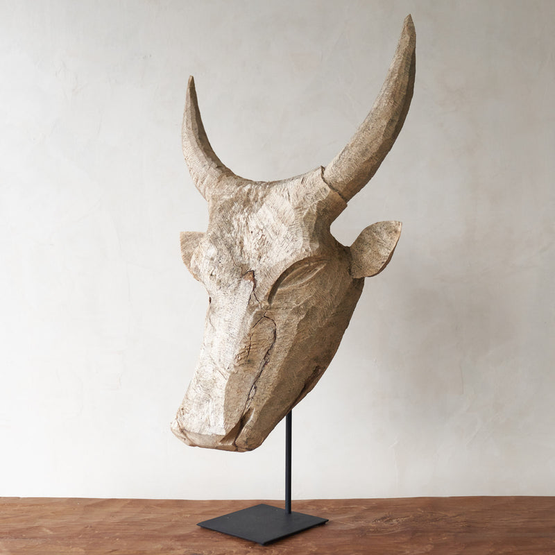 Carved Headdress, Unique wooden bull head home accessory from Africa. Solid Dogwood, local African hardwood. Handcarved, one-of-a-kind touch for any home. From $580