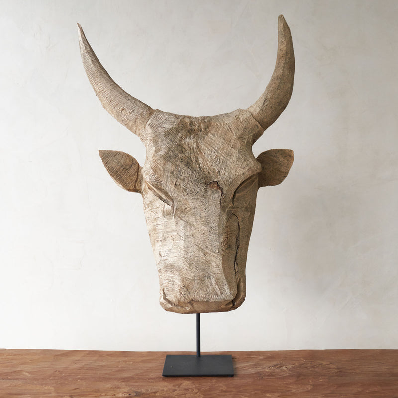 Carved Headdress, Unique wooden bull head home accessory from Africa. Solid Dogwood, local African hardwood. Handcarved, one-of-a-kind touch for any home. From $580