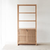 Clement oak cabinet crafted with solid oak timber and consist of see-through glass panels and removable shelves - $3480