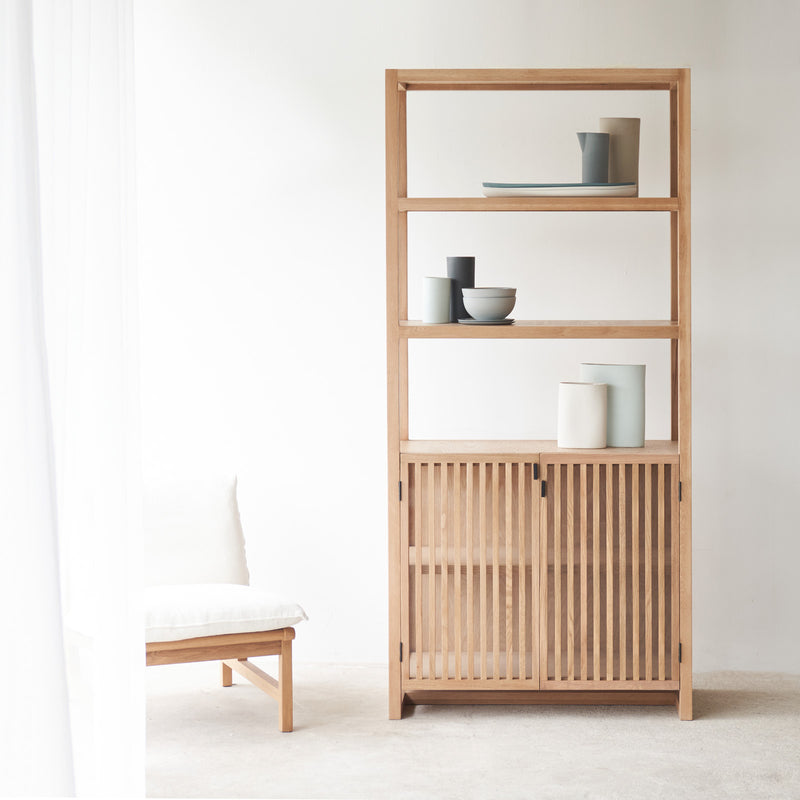 Clement oak cabinet crafted with solid oak timber and consist of see-through glass panels and removable shelves - $3480