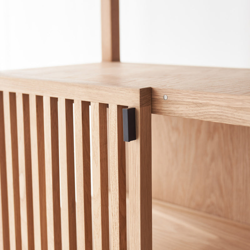 Clement oak cabinet crafted with solid oak timber and consist of see-through glass panels and removable shelves - $3480
