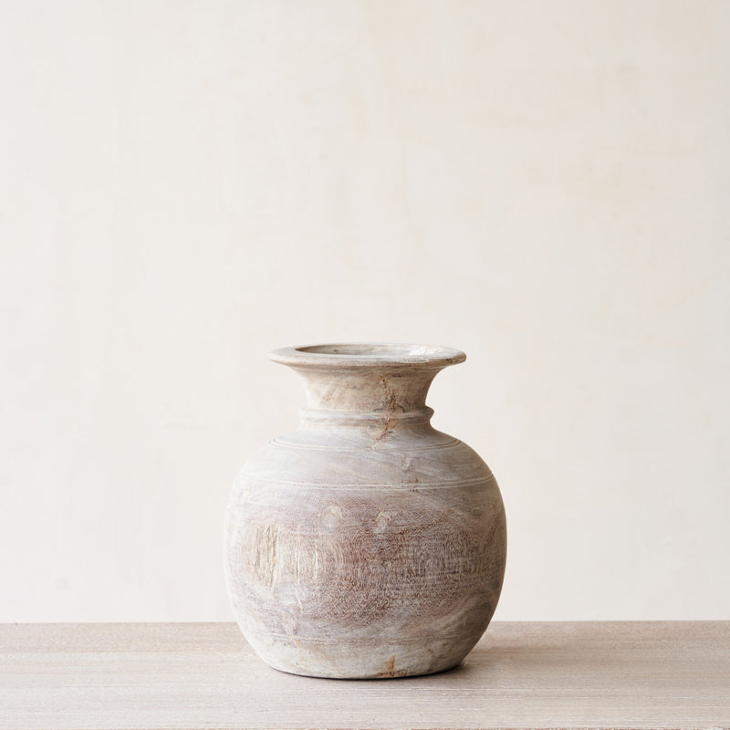 Wooden Round Pot - Whitewash