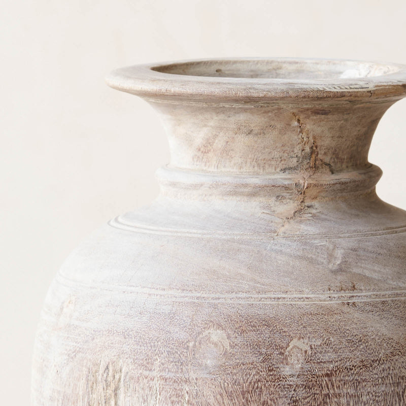 Wooden Round Pot - Whitewash