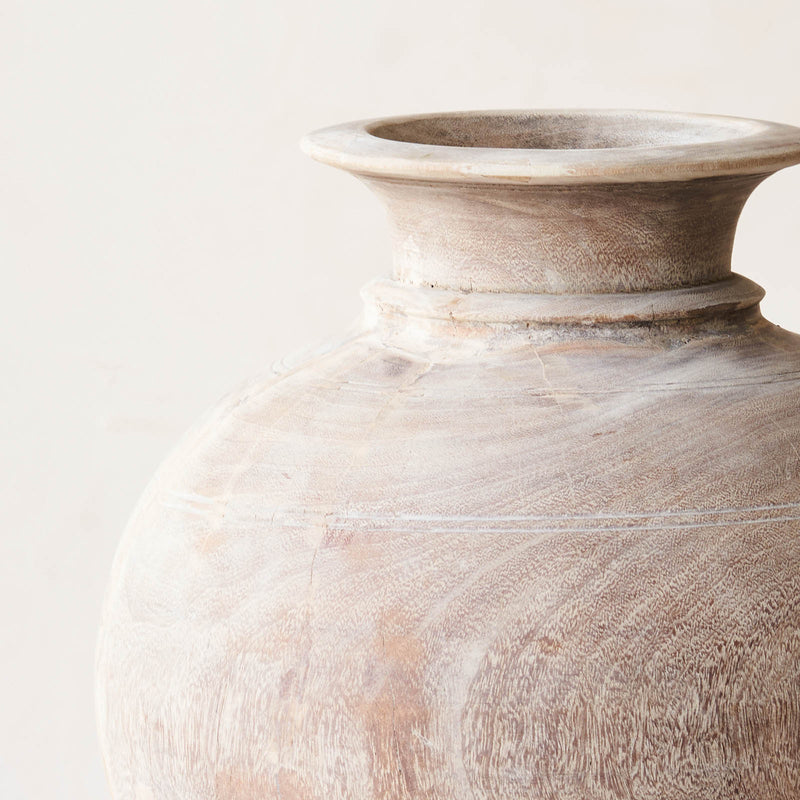 Wooden Round Pot - Whitewash