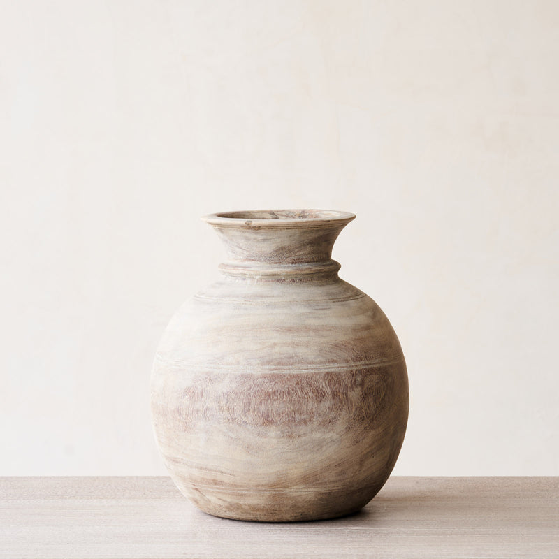 Wooden Round Pot - Whitewash