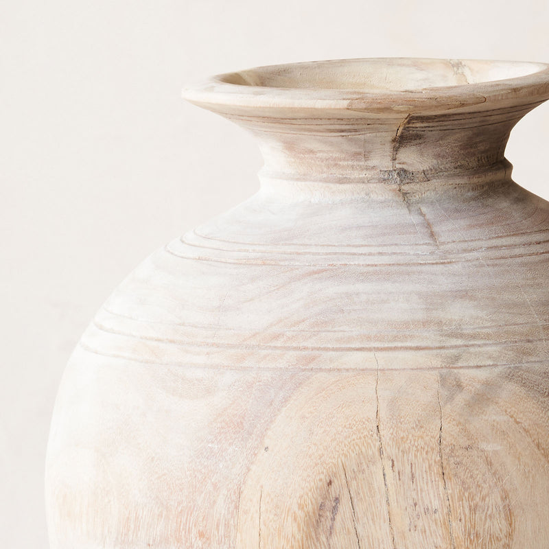 Wooden Round Pot - Whitewash
