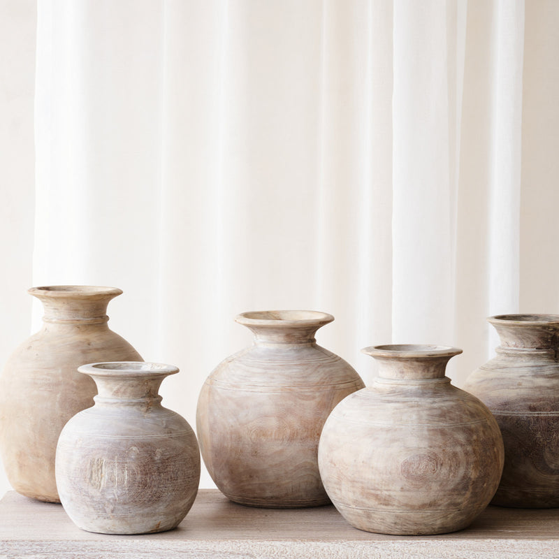 Wooden Round Pot - Whitewash