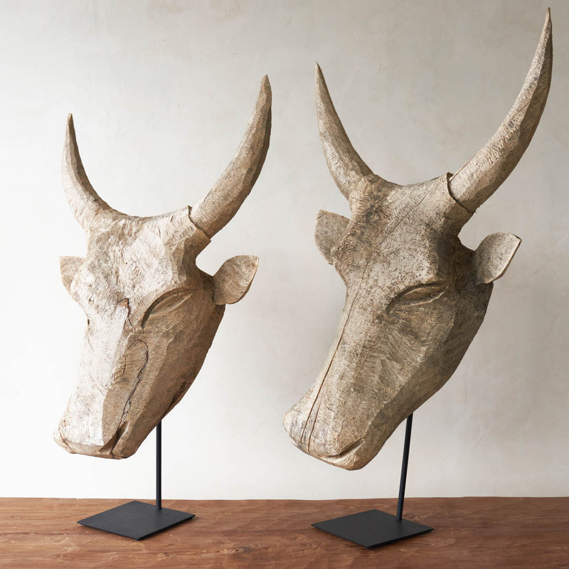 Carved Headdress, Unique wooden bull head home accessory from Africa. Solid Dogwood, local African hardwood. Handcarved, one-of-a-kind touch for any home. From $580