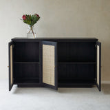 Hudson Black Teak Rattan Sideboard, 3 Doors, Square Webbing. Rattan details and metal handles with generous storage. Versatile and timeless piece. Available at $3280.