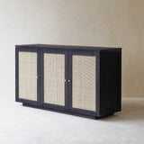 Hudson Black Teak Rattan Sideboard, 3 Doors, Square Webbing. Rattan details and metal handles with generous storage. Versatile and timeless piece. Available at $3280.