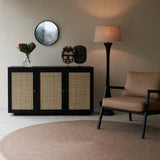 Hudson Black Teak Rattan Sideboard, 3 Doors, Square Webbing. Rattan details and metal handles with generous storage. Versatile and timeless piece. Available at $3280.