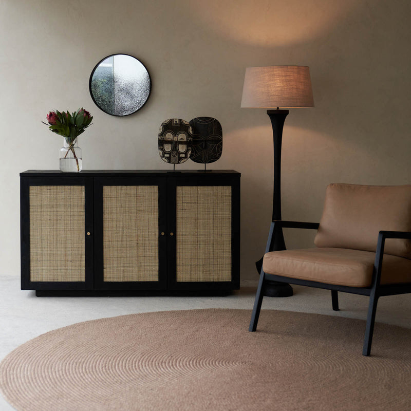 Hudson Black Teak Rattan Sideboard, 3 Doors, Square Webbing. Rattan details and metal handles with generous storage. Versatile and timeless piece. Available at $3280.