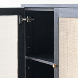 Hudson Black Teak Rattan Sideboard, 3 Doors, Square Webbing. Rattan details and metal handles with generous storage. Versatile and timeless piece. Available at $3280.