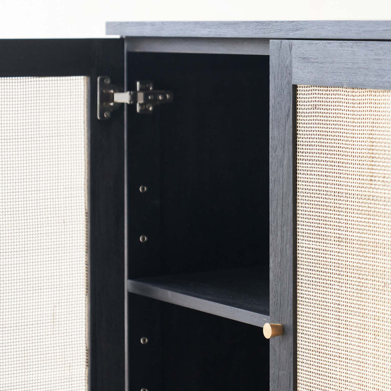 Hudson Black Teak Rattan Sideboard, 3 Doors, Square Webbing. Rattan details and metal handles with generous storage. Versatile and timeless piece. Available at $3280.