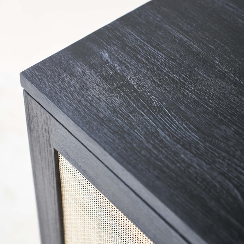 Hudson Black Teak Rattan Sideboard, 3 Doors, Square Webbing. Rattan details and metal handles with generous storage. Versatile and timeless piece. Available at $3280.