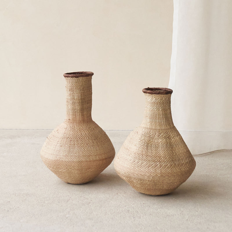 Bulawayo Basket, Unique home accessory from Africa. Hand-woven into organic statement shapes. Variations exist in weaves, colours, and shapes. From $150
