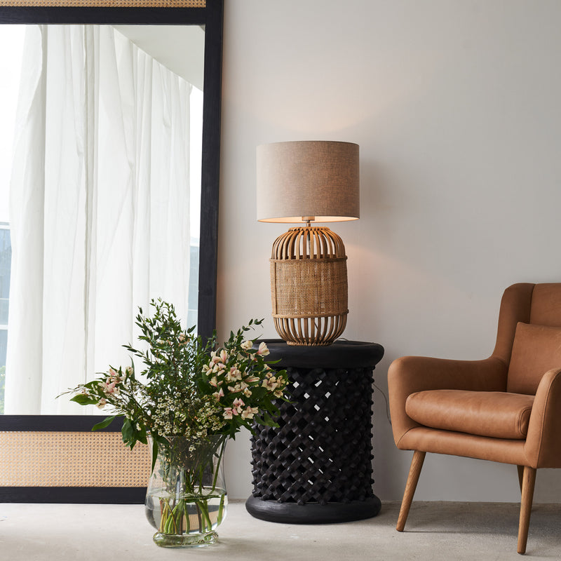 Bamboo Table Lamp $280 Linen Shade Alifia Table Lamp, natural and beautifully weaved. Chic and stylish piece. It is a versatile piece that provides an airy feel in any home. Available at $280.