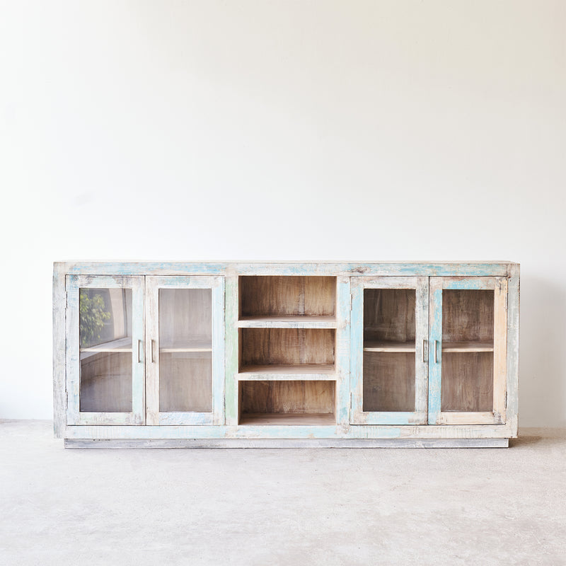 India recycled ledge sideboard 4 glass doors 3 shelves, handmade using reclaimed teak - $2650